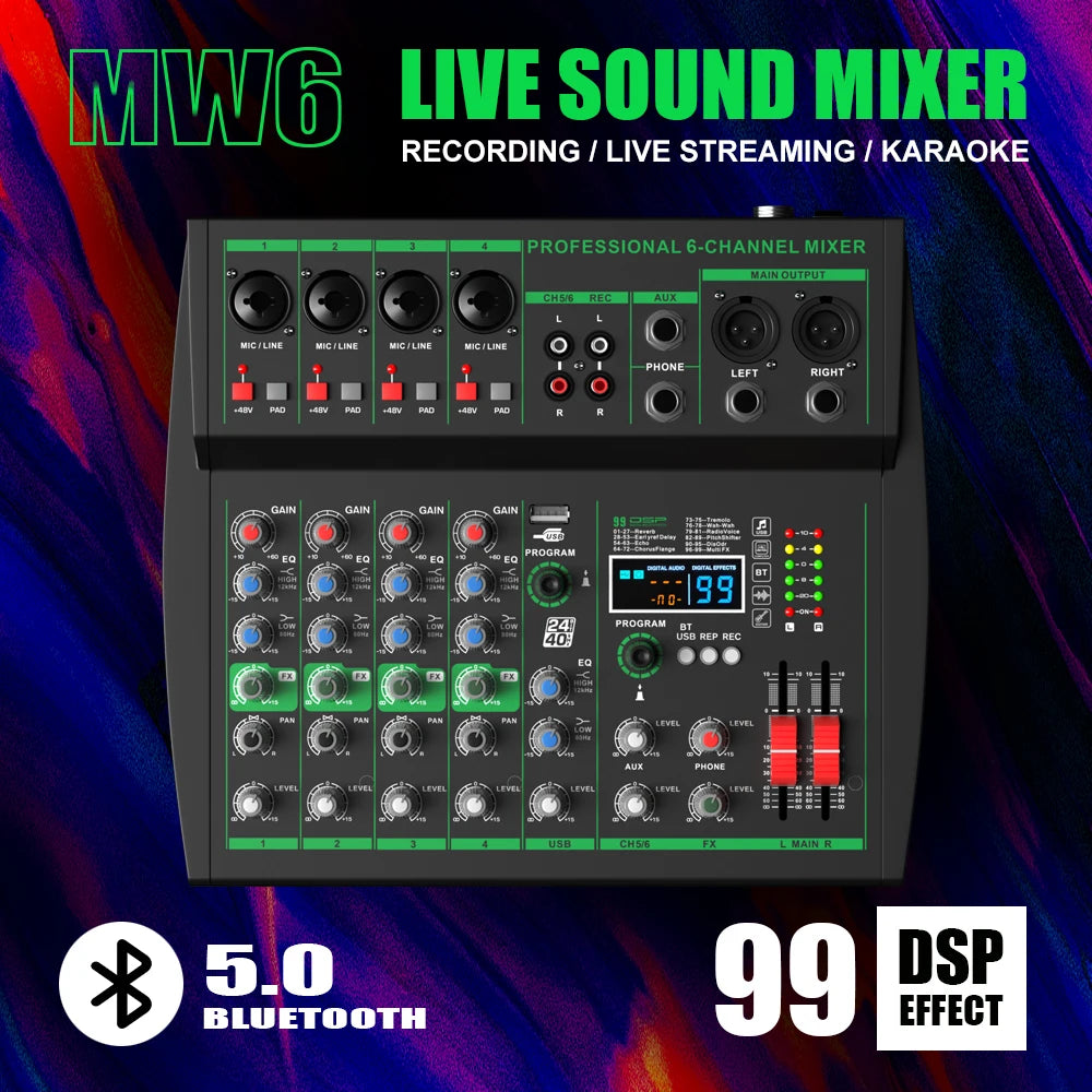 NXG MW Series 4/6CH Audio Mixer, 99 DSP Effects, Bluetooth 5.0, USB Audio Interface, for Live Stream, Karaoke, Recording & Podcast, Factory Direct | Clearance Sale