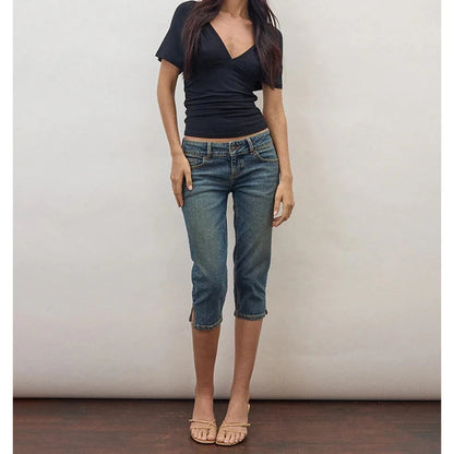 Women's Denim Pencil Capri Pants Button Low Rise Slim Fit Cropped Jeans with Side Slits Hemline Summer Stretch Capris
