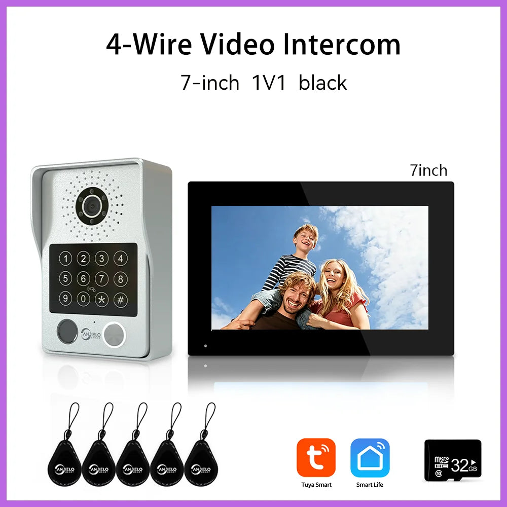 ANJIELO 4-Wire Video Intercom System with 10-inch Touch Screen 5-in-1 Unlock Tuya Smart APP Control IP65 Waterproof Night Vision