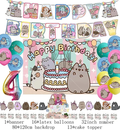 The Pusheen Cat Balloons Birthday Decoration Party Supplies Cartoon Grey Pet Fat Cat Theme Banner Backdrop Cake Topper Sticker