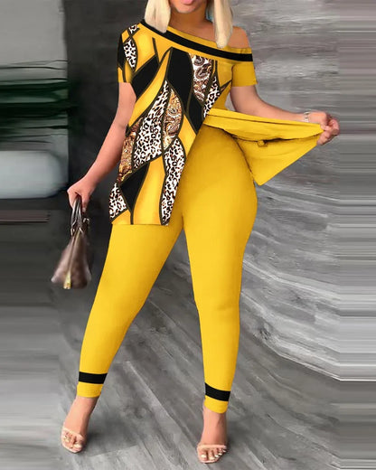 Womens Two Peice Sets Summer Fashion Print Short Sleeve Suit Set Femme Casual Sporty 2Pce One-Shoulder Split Hem Tops &Pants Set