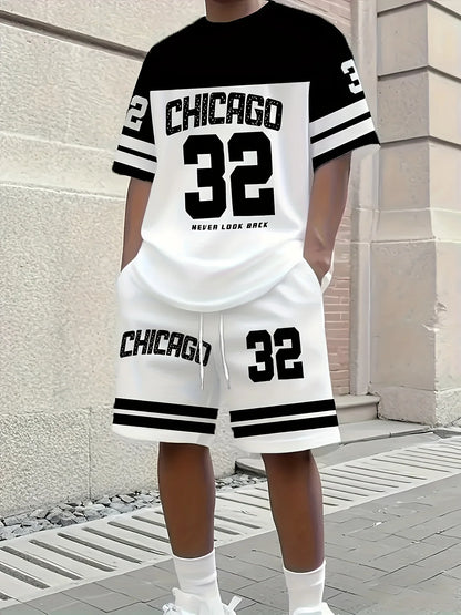 Summer Men's Chicago-Themed Relaxed Set Size 32 Printed T-Shirt and Shorts Set Adult Sports Casual Plus Size Two-Piece Set