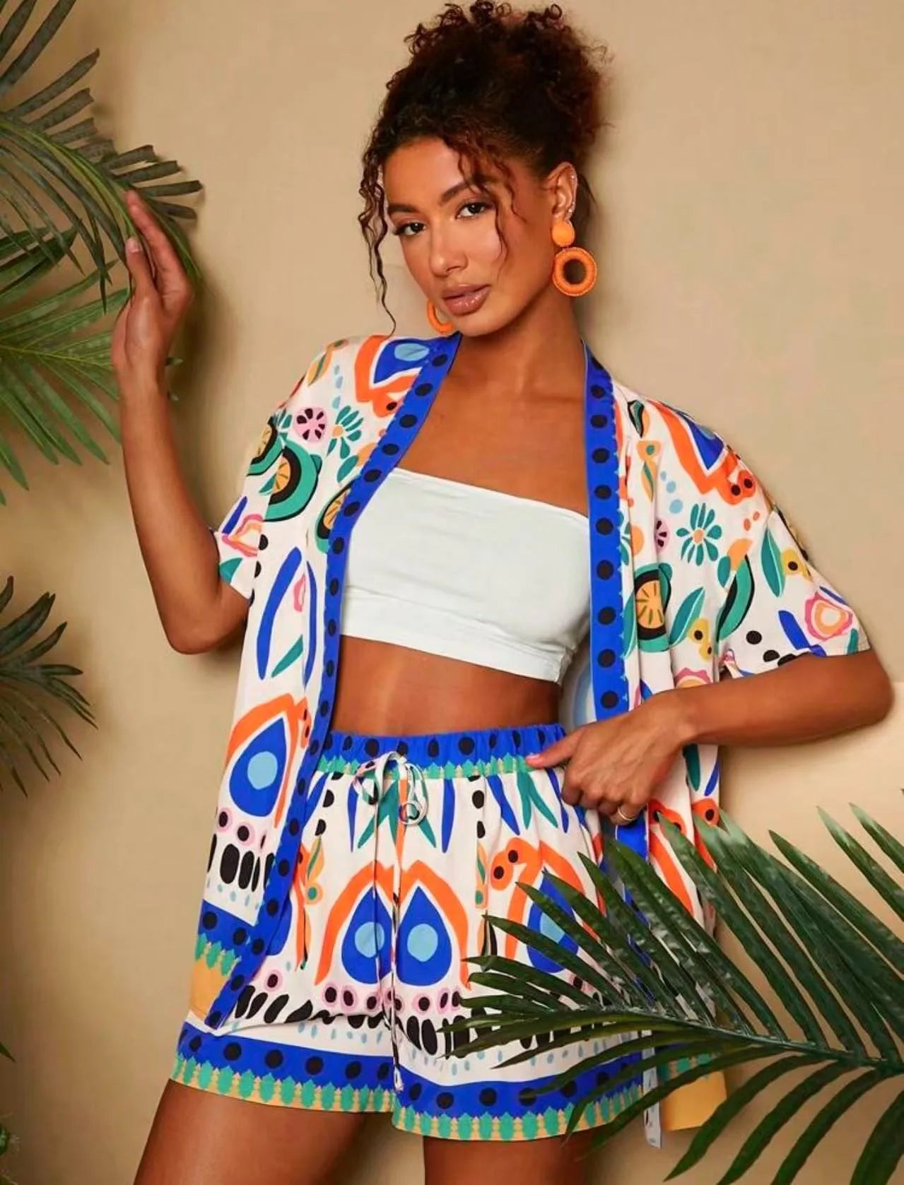 Summer Women's Suit With Shorts Printed Crop Top Short Pants Blue Patterned Set Green Floral Casual Shorts