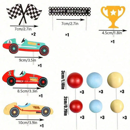 1set Racing Car Cake Topper Checkered Flag Trophy Happy Birthday Cake Decor For Boys Race Car Theme Birthday Party Supplies