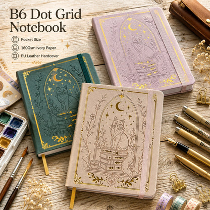 B6 Dot Grid Notebook, 160gsm Ivory Paper, 5mm Dotted Pages, Lay-Flat Hardcover with Gold Foil Cat Moon Design, Elastic Closure