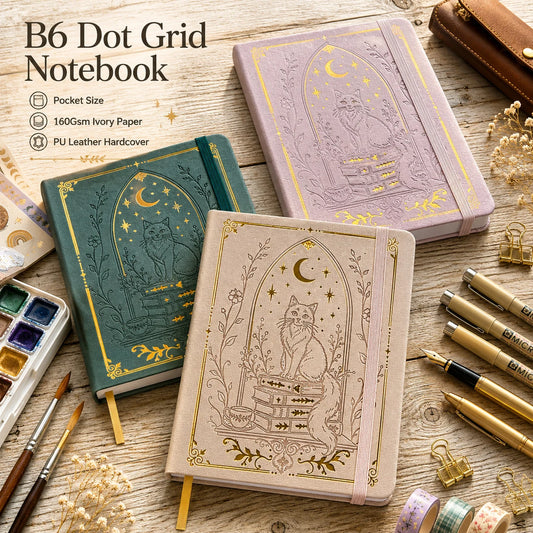 B6 Dot Grid Notebook, 160gsm Ivory Paper, 5mm Dotted Pages, Lay-Flat Hardcover with Gold Foil Cat Moon Design, Elastic Closure