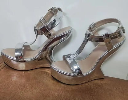 Strange Style Women Metal Color Woman Summer Platform Sandals Sexy Hoof Heel Ankel Buckle Strap Open Toe Shoes High Quality