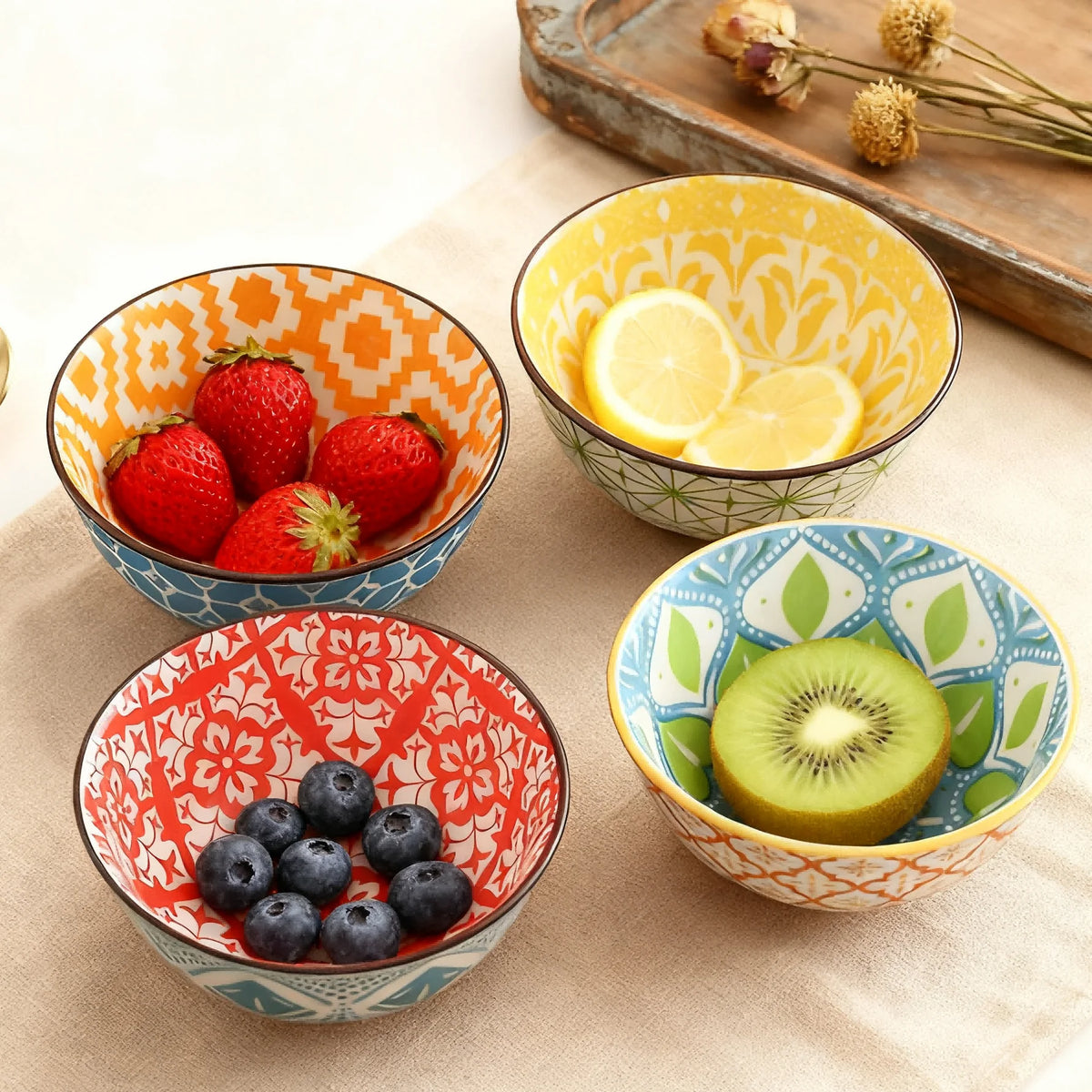 12-Piece Bohemian Dinnerware Set for 4 People, Household Plates Bowls Spoons, Oven/Microwave/Dishwasher Safe