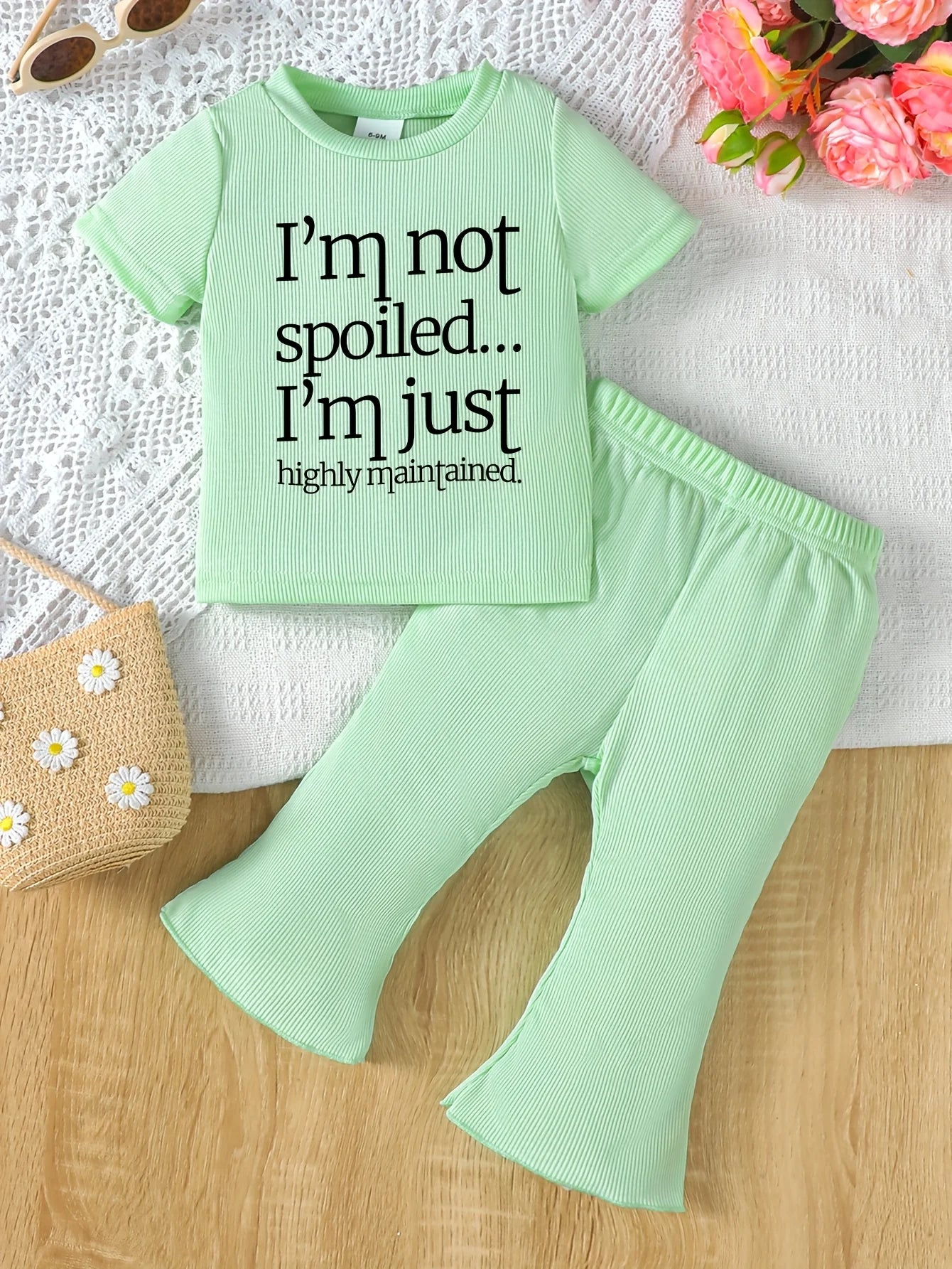 2Pcs Set Baby Girl Casual Pants Suit Summer Children Letter Pattern Printed T-Shirt & Flared Pants for Casual Outdoor Wear