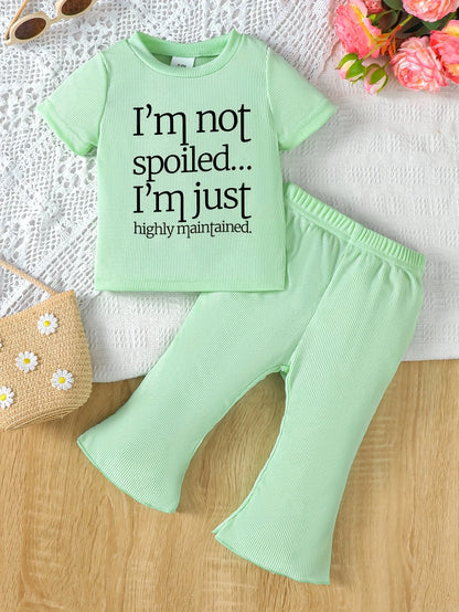 2Pcs Set Baby Girl Casual Pants Suit Summer Children Letter Pattern Printed T-Shirt & Flared Pants for Casual Outdoor Wear