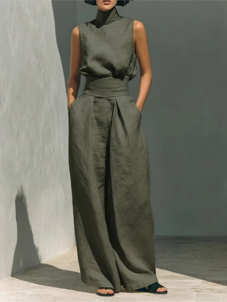 casual Solid Cotton Linen two-piece set for Women Sleeveless Turtleneck Top +High Waist Pants Set New Summer Button Loose Outfit