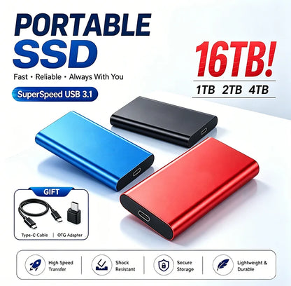 1TB Portable SSD 2TB External Hard Drive USB 3.1 High Speed Mobile Data Storage for Laptop Mac PC Compact Durable Use