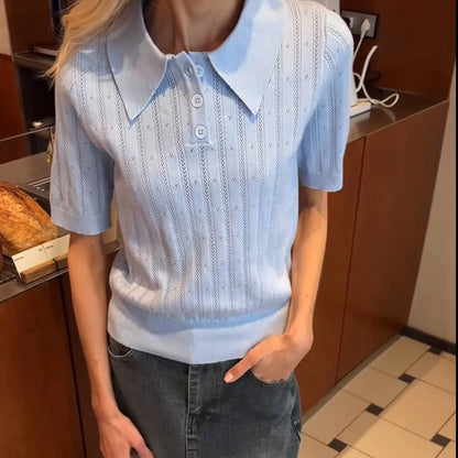 Elegant Women's Summer Hollow Out Knit Tops Short Sleeve Turn Down Collar Solid Color Cutout T-shirt
