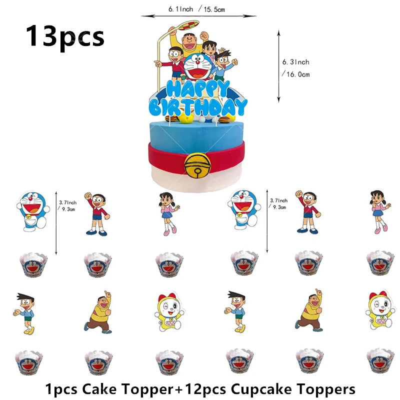 Doraemoned Balloons Cartoon Blue Jingle Cat Party Decoration Supplies Happy Birthday Banner Disposable Tableware Kid Cake Topper