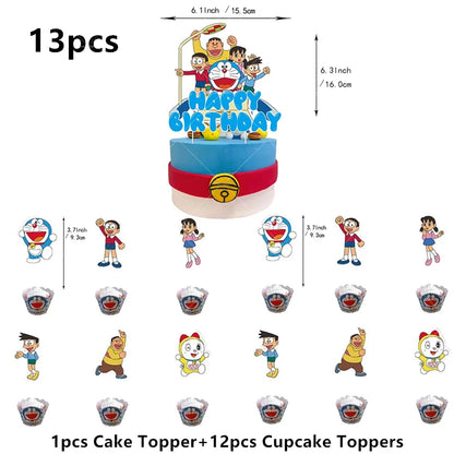 Doraemoned Balloons Cartoon Blue Jingle Cat Party Decoration Supplies Happy Birthday Banner Disposable Tableware Kid Cake Topper