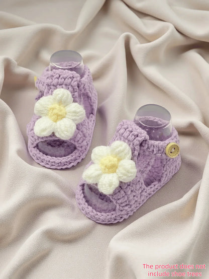 1 Pair Crochet Baby Girl Sandal Booties, Pink, Daisy Flower Accent with Button Strap, Infant Shoes