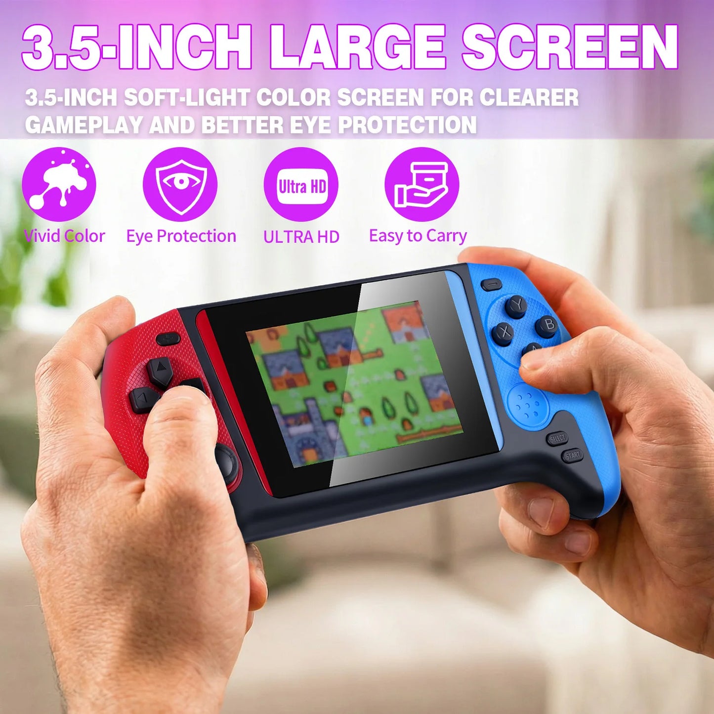Retro Nostalgic Game Console, High-definition Picture Quality with Vivid Colors, 3.5-inch Large-screen & Ergonomic Design, Small and Portable, Red and Blue Retro Color Contrast, Essential Gift for Festivals