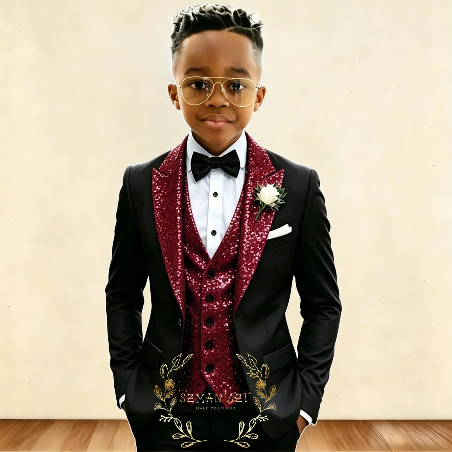 Black And Gold Sequin Boy's Suit Attire Peaked Lapel Children Wedding Party Tuxedos 3 Pieces Sets costume garçon cérémonie 2026
