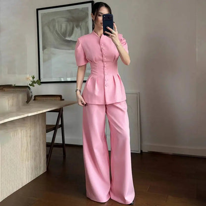 2026 New Women Two Piece Pant Suit Stand Collar Short Sleeve Peplum Top High Waist Wide Leg Trousers Elegant Outfit Set