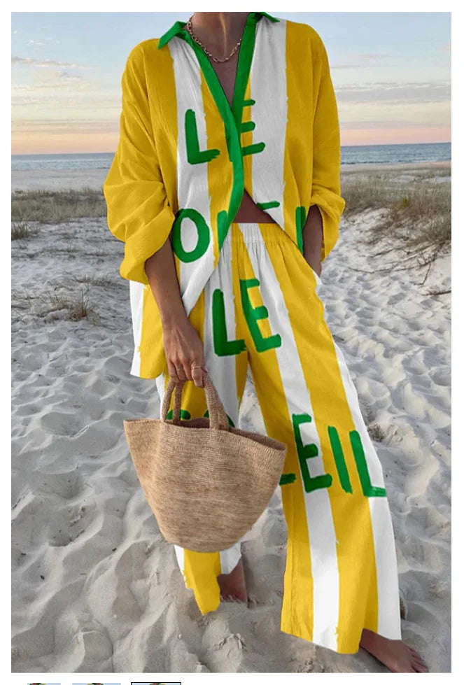 Fashion Print Beach Holiday 2-Piece Set Women Spring Summer Long Sleeve Shirt Top + Wide Legs Women's Oversized Two-Piece Outfit