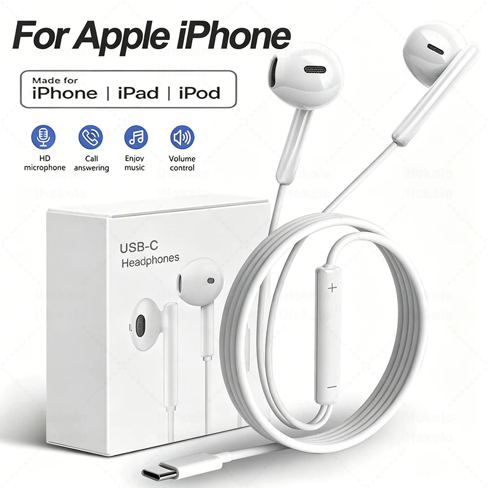 Original Wired Earphones For Apple iPhone 17 16 15 14 13 12 11 Pro Max USB-C Lightning 3.5mm Headphones X XR 8 Phone Accessories