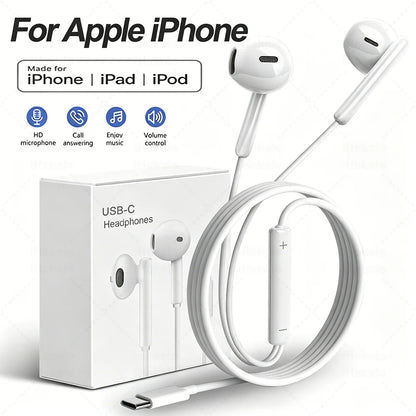 Original Wired Earphones For Apple iPhone 17 16 15 14 13 12 11 Pro Max USB-C Lightning 3.5mm Headphones X XR 8 Phone Accessories