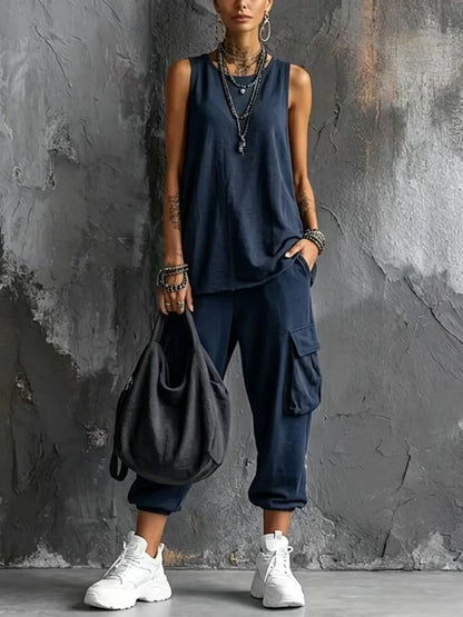 Solid Color Sports Two-piece Set Summer Fashion Sleeveless Top+wide Leg Pants Suit With Pockets Ladies O-neck Streetwear Outfit