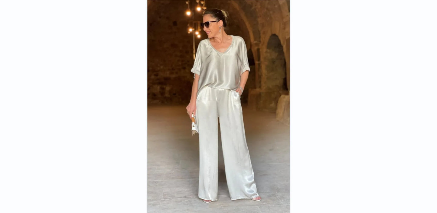 Women 2-piece Set, Satin Loose Fitting Suit, Short Sleeved T-shirt, 2 Pairs Of Pants, Summer Conjuntos Para Mujeres 2 Piezas