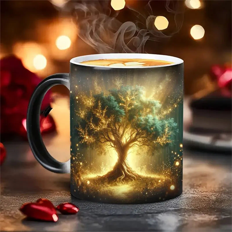 A color-changing magic cup, thermal response ceramic coffee cup, when filled with hot liquid, will appear glowing tree of life