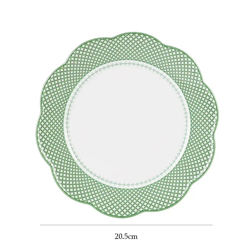 Ceramic Plate Household Bone China Dinner Plate Set Vintage Green Flower Dishes Tableware Oval Large Tray Dinnerware Sets