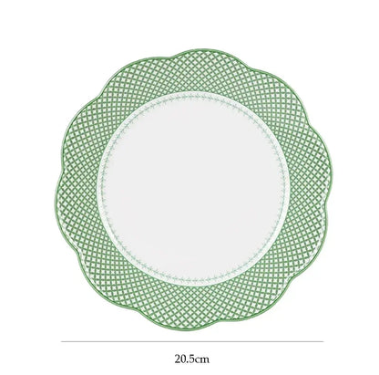 Ceramic Plate Household Bone China Dinner Plate Set Vintage Green Flower Dishes Tableware Oval Large Tray Dinnerware Sets