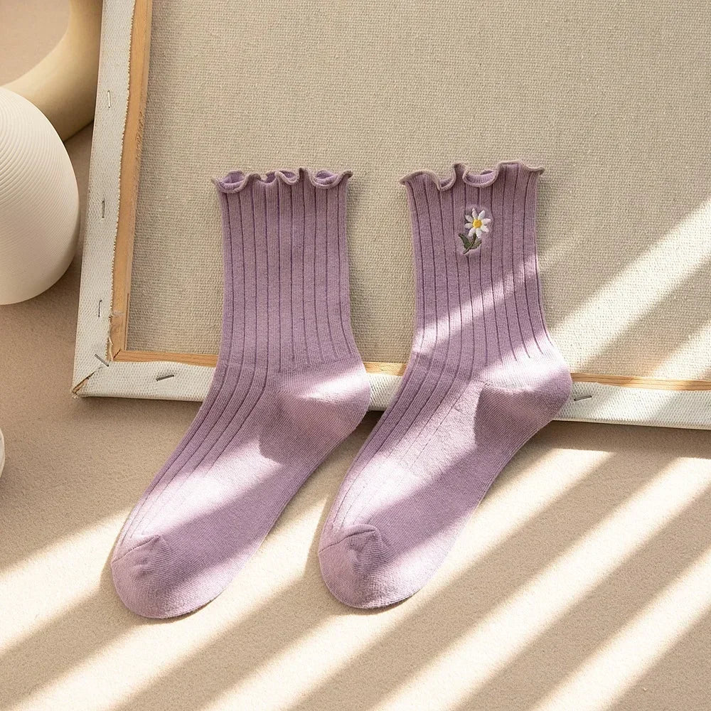 New Style Crew Socks for Women Spring Fashion Cute Flower Long Cotton Socks Japanese Style Breathable Casual Trendy Absorb Sweat