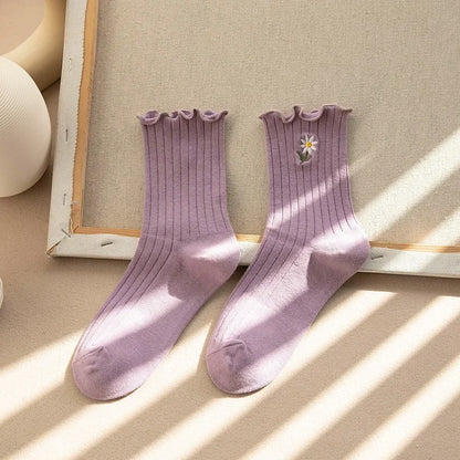New Style Crew Socks for Women Spring Fashion Cute Flower Long Cotton Socks Japanese Style Breathable Casual Trendy Absorb Sweat