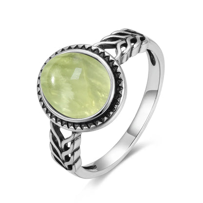 925 Sterling Silver Ring With Natural Prehnite Stone 8*10mm Oval Shape With Crystal Flower Design Gifts Fine Jewelry For Women