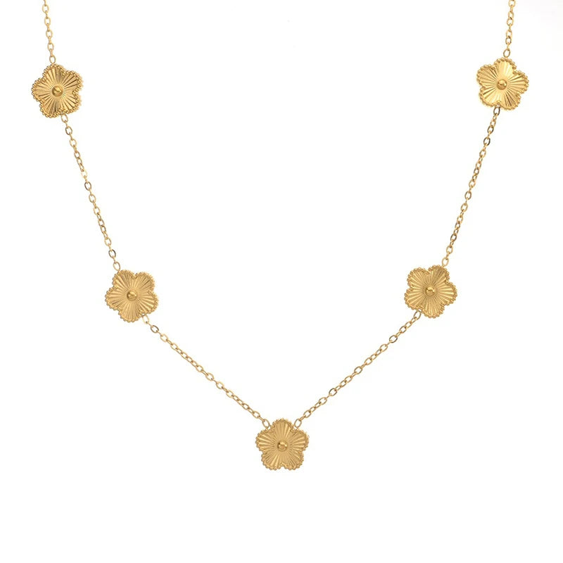 14K Gold Plated Stainless Steel Necklace Woman Five Leaf Petals Double
