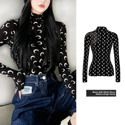 Sweet Two Piece Set Women American Retro Layered Outfit Long Sleeve Moon Print Top Ice Silk Pants Sexy Casual Autumn Fashion