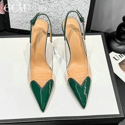 2026 Summer New Fairy-style Heart-shaped Pointed Toe Thin Heel Sandals for Women Transparent Patchwork Headpiece Back High Heels