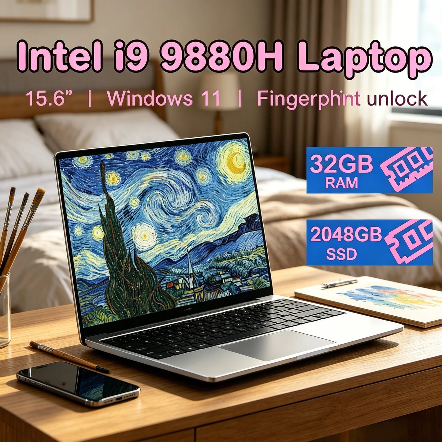 15.6" Full HD Large Screen Laptop Core I9-9880H High Performance 32GB RAM 2TB SSD Windows 11 Daily Computer