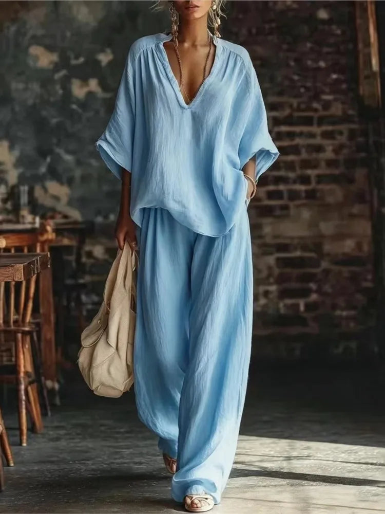 Women's Fashion Simple Casual White Two Piece Sets Spring Summer V Neck Short Sleeve Loose Top & Wide Leg Pants Vacation Set