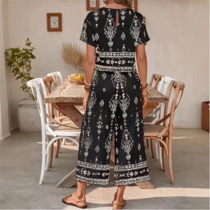 Fashion Ethnic Retro Printed Short-sleeved Women's Suit Summer New Casual Simple Elegant 7-minute Pants Female 2-piece Set 2026