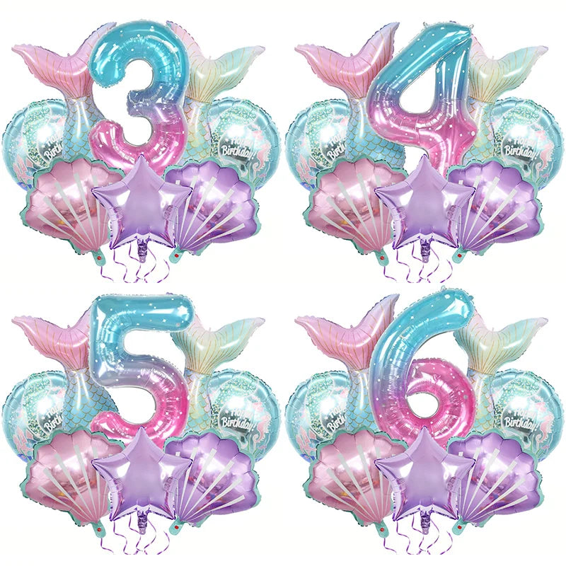 8pcs Mermaid Balloons set Shell Mermaid Foil Balloons 32inch Number Balloon 1-9 for Kids Girls 1-9th Birthday Party Decoration
