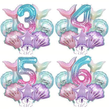 8pcs Mermaid Balloons set Shell Mermaid Foil Balloons 32inch Number Balloon 1-9 for Kids Girls 1-9th Birthday Party Decoration
