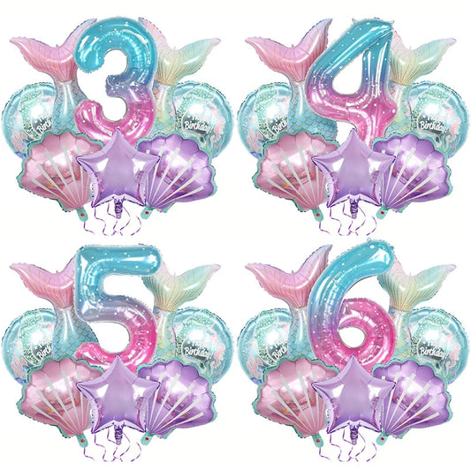 8pcs Mermaid Balloons set Shell Mermaid Foil Balloons 32inch Number Balloon 1-9 for Kids Girls 1-9th Birthday Party Decoration
