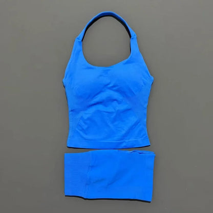 2 Pieces Shorts Yoga Set Women Backless Halter Tops High Waist Seamless Shorts Gym Suit Fitness Sportswear Workout Sets