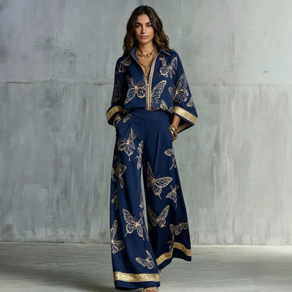 Fashion Set For Women Autumn 2026 New Loose Lapel Zipper Long Sleeve Coat Top Wide Leg Pants Two Piece Set Leisure Print Outfits