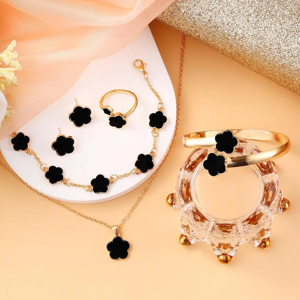 5 Pcs Set Jewelry Stainless Steel Five Leaf Clover Bracelets For Women Elegance French Niche Necklaces Bracelets Earrings