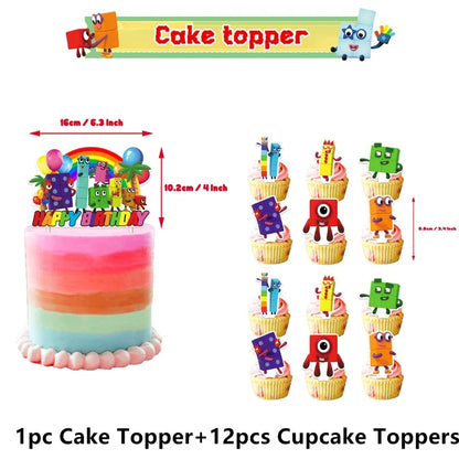New 1Set Numberblocked Party Supplies TV Show Number Latex Balloons Toy Decor Happy Birthday Banner Bunting Cake Topper Balloon