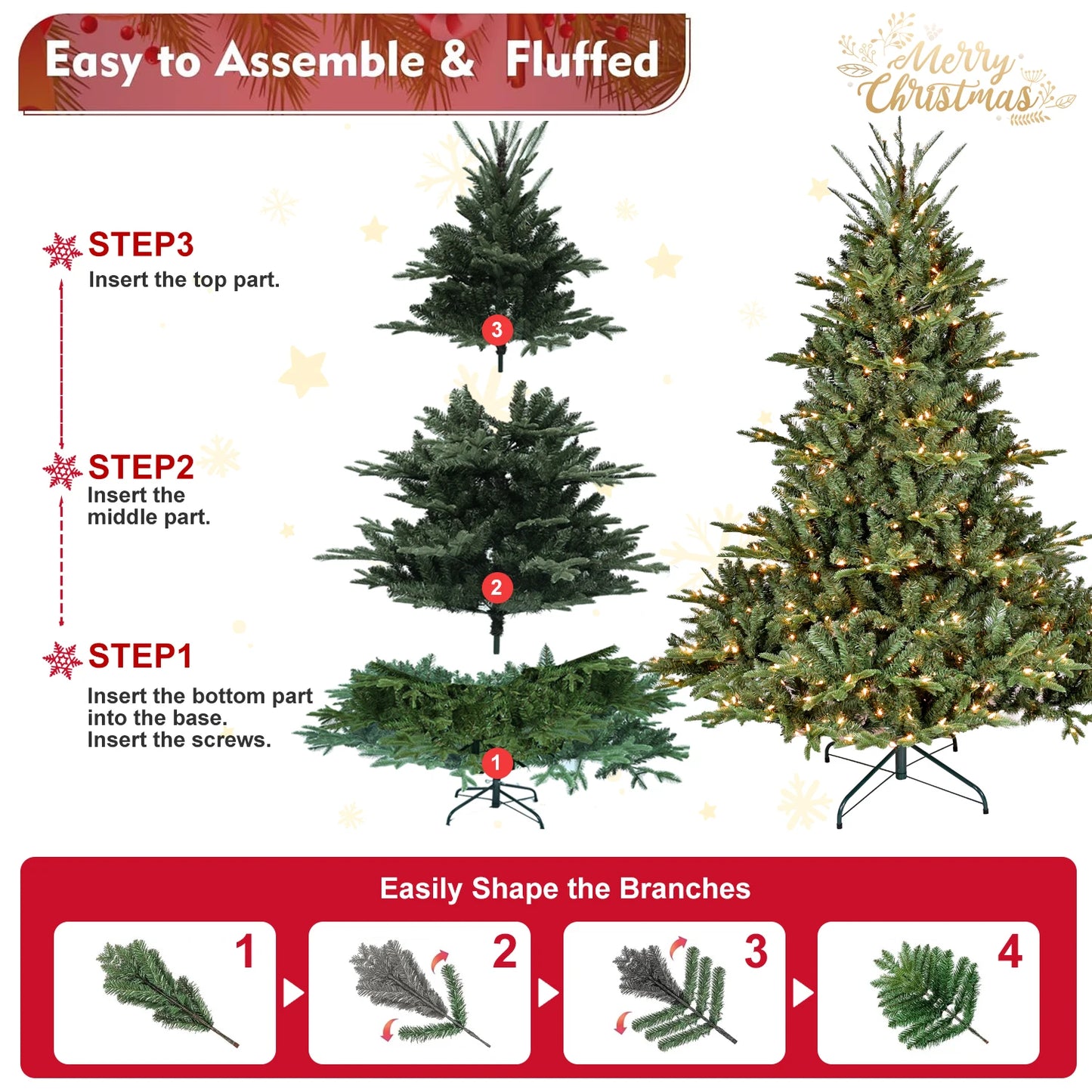 7.5ft Full-Shape Christmas Tree with 850 UL Certified Lights, 2441 PE/PVC Mixed Branch Tips, Hinged Easy Setup Artificial Tree with Wide Base and Metal Stand, Green