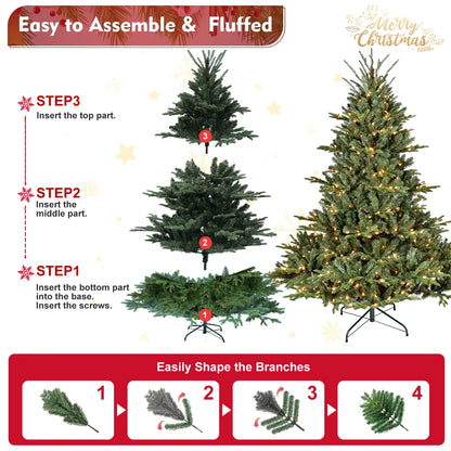 7.5ft Full-Shape Christmas Tree with 850 UL Certified Lights, 2441 PE/PVC Mixed Branch Tips, Hinged Easy Setup Artificial Tree with Wide Base and Metal Stand, Green