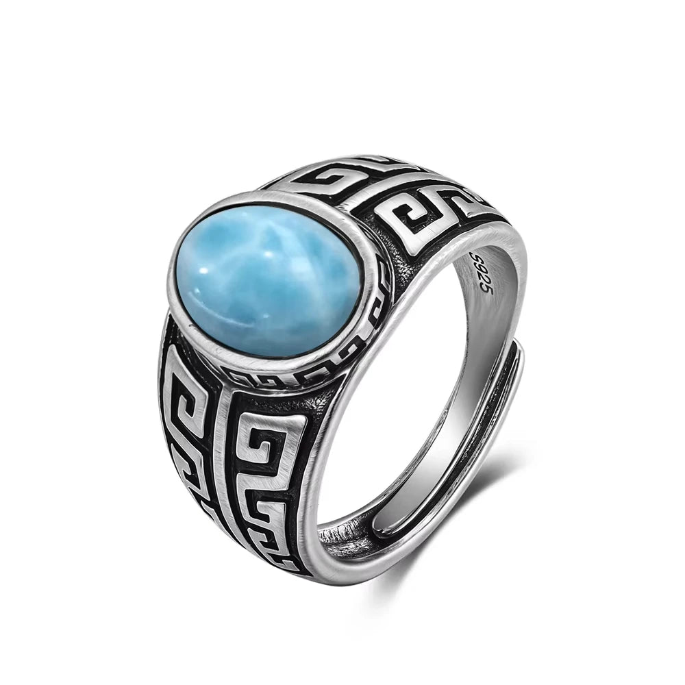 Vintage 925 Silver Ring Natural Larimar Stone Round Flower Shape Sky Blue Sea Water Ring Fine Jewelry Party Gifts For Women Men